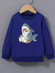 Kitten & Shark Pattern Round Neck Sweatshirt For Girls