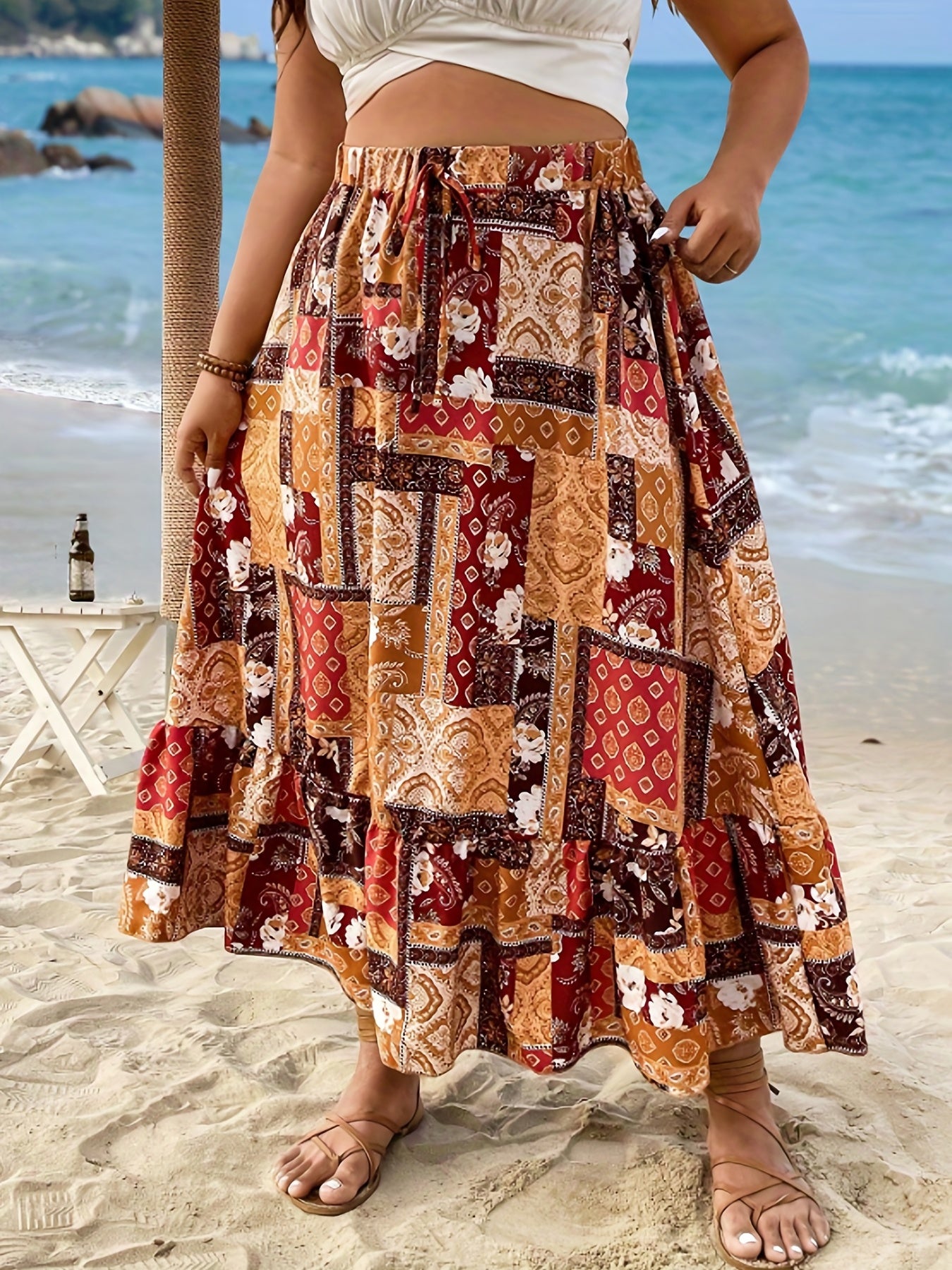Patchwork Print Maxi Skirt with Ruffle Trim
