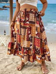 Patchwork Print Maxi Skirt with Ruffle Trim