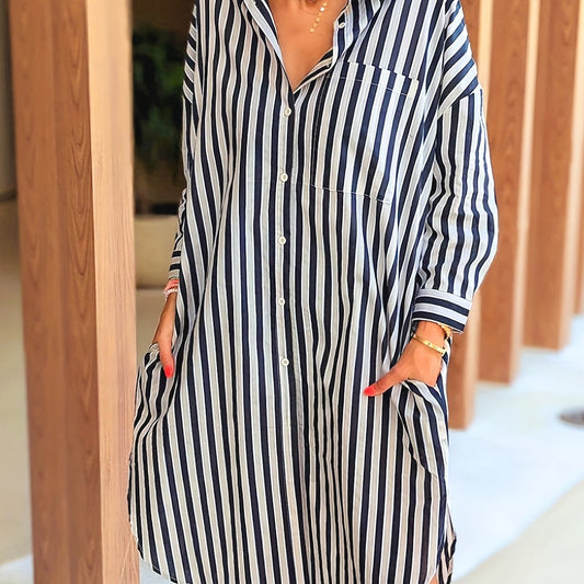 Stripe Print Polo Neck Shirt Dress With Pockets