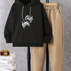 Boy's Gamepad Print Hoodie & Pants Set Spring Fall Outfits