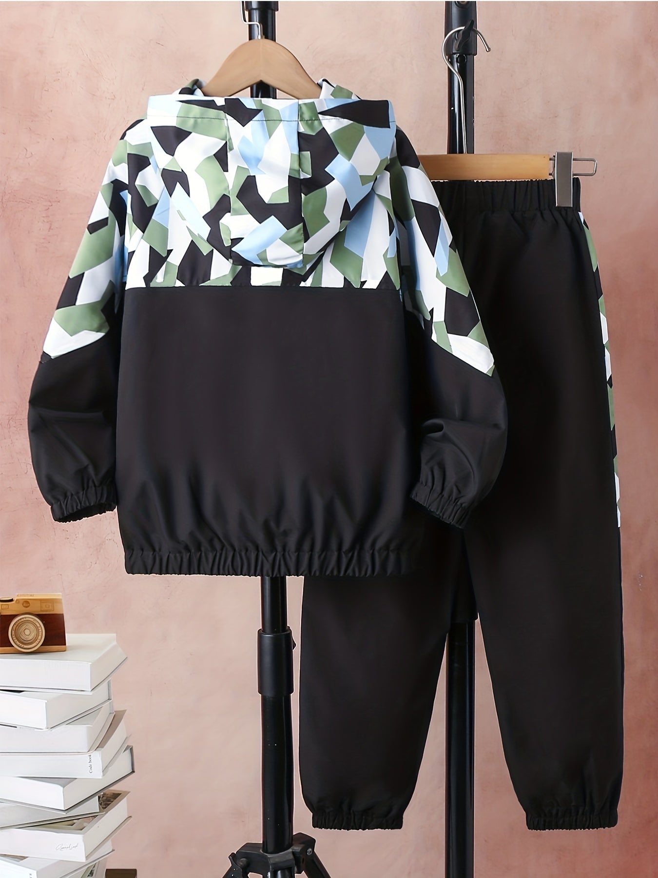 Boy's Geometric Pattern Jacket & Sweatpants Set for Spring Fall