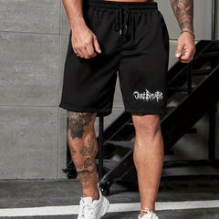 Men's Letter Print Athletic Shorts Drawstring Fitness Gym Outdoor Summer