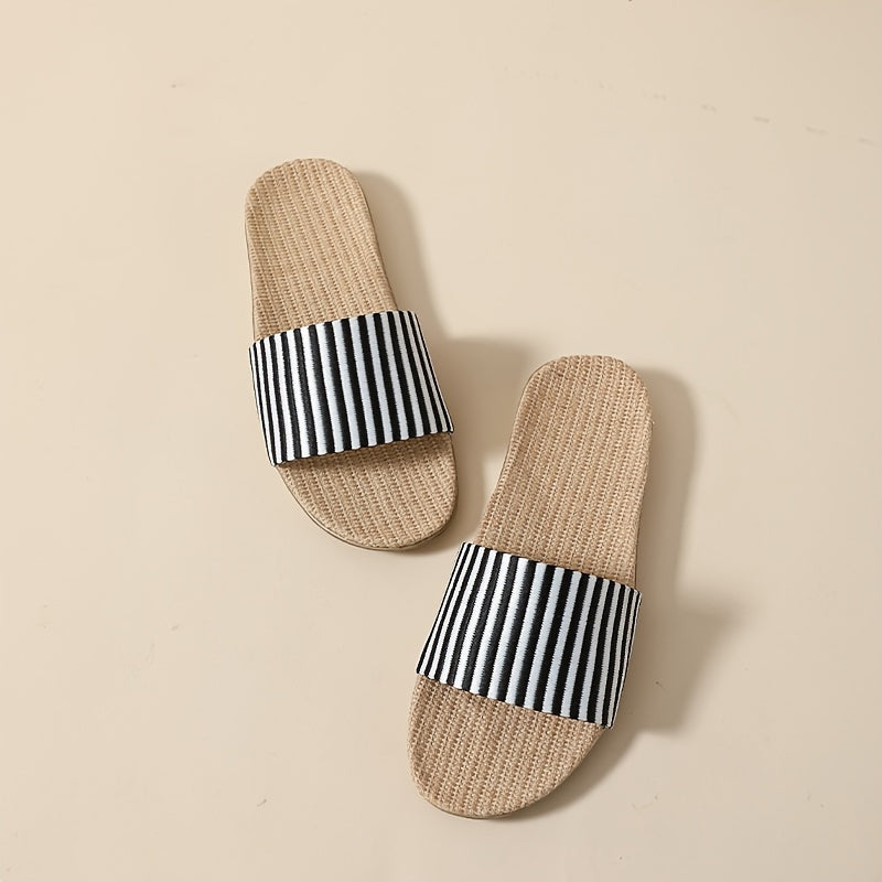 Women's Striped Print Flat Slippers Open Toe Flax Sole Anti slip Lightweight
