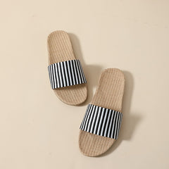Women's Striped Print Flat Slippers Open Toe Flax Sole Anti slip Lightweight