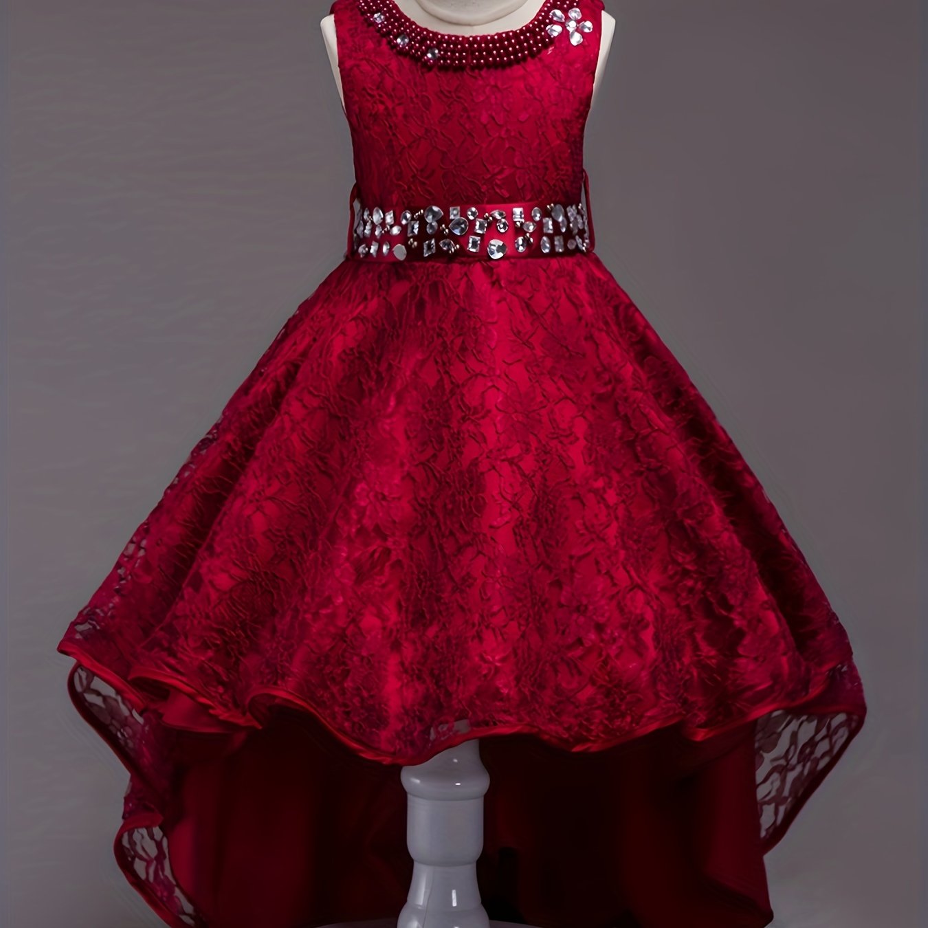Girls Sleeveless Puffy Princess Dress Tulle Lace Beaded Rhinestone