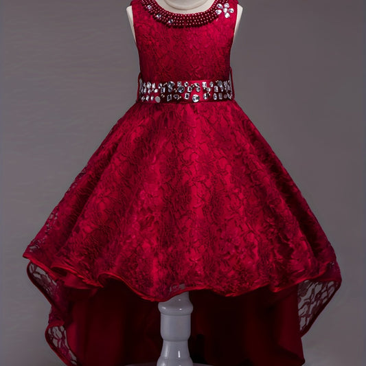 Girls Sleeveless Puffy Princess Dress Tulle Lace Beaded Rhinestone