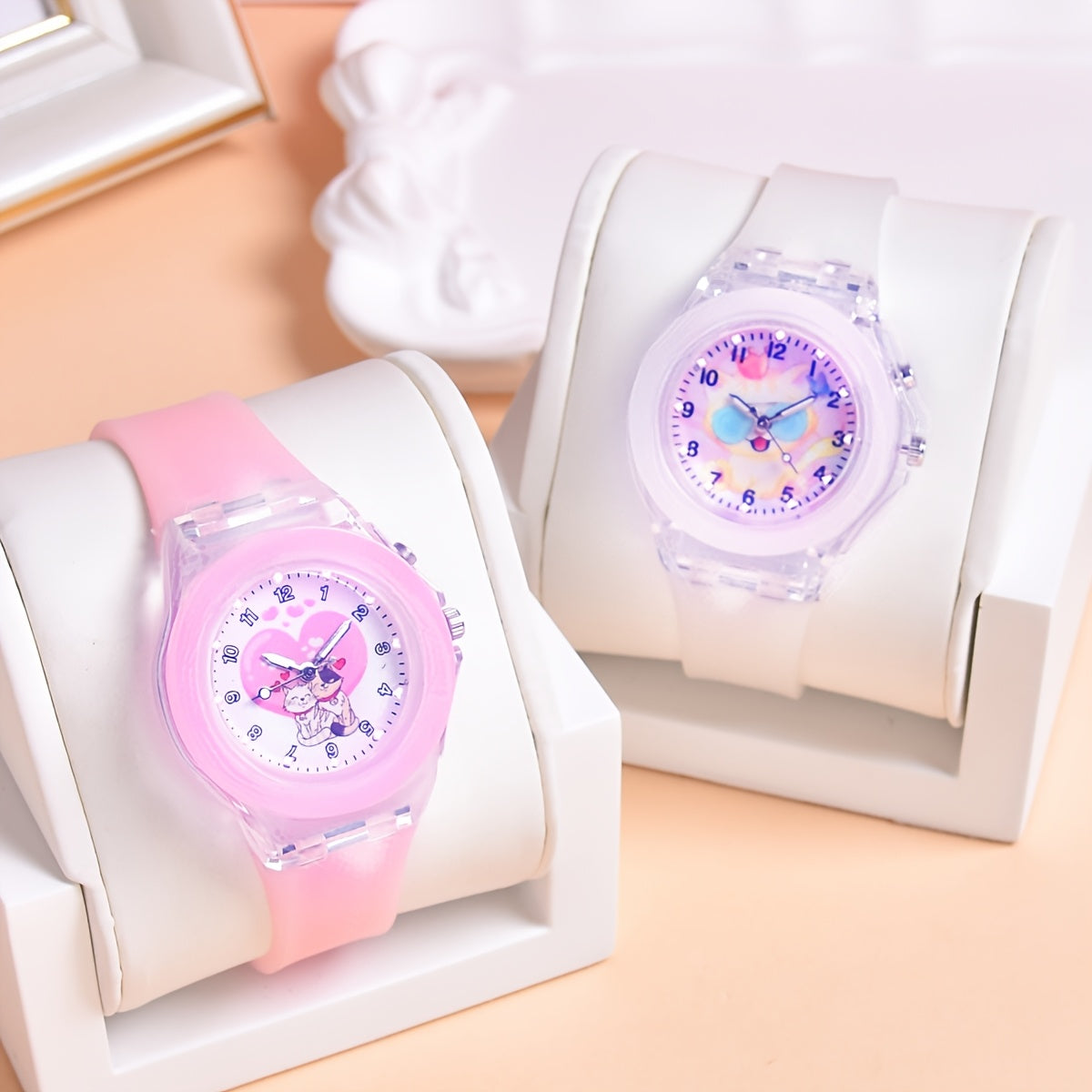 Set of 2 Student LED Luminous Watches with Cartoon Animal Patterns for Girls