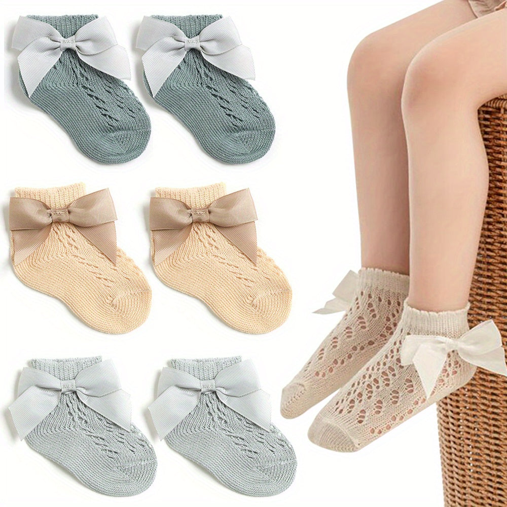 3 Pairs Baby Girls Lace Ruffled Ankle Socks Bow Decor Cotton Non slip Socks
