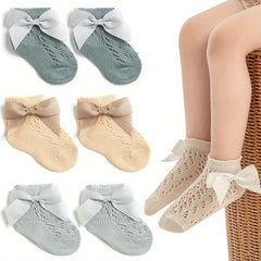 3 Pairs Baby Girls Lace Ruffled Ankle Socks Bow Decor Cotton Non slip Socks