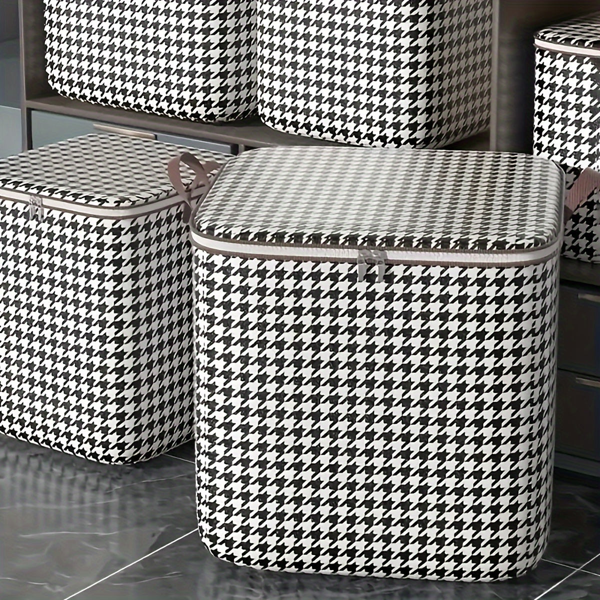 2pcs Houndstooth Storage Basket Large Zipper Box for Cloth
