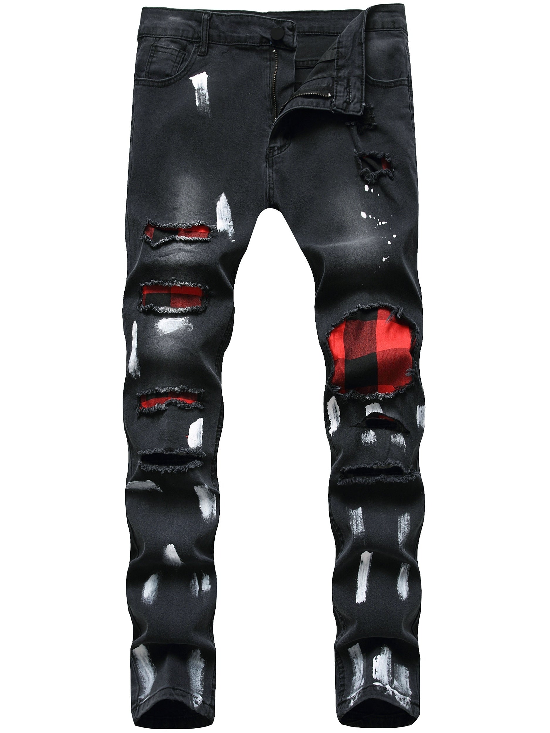 Paint Splash Plaid Ripped Jeans Mens Casual Street Style Slim Fit Distressed