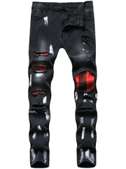 Paint Splash Plaid Ripped Jeans Mens Casual Street Style Slim Fit Distressed