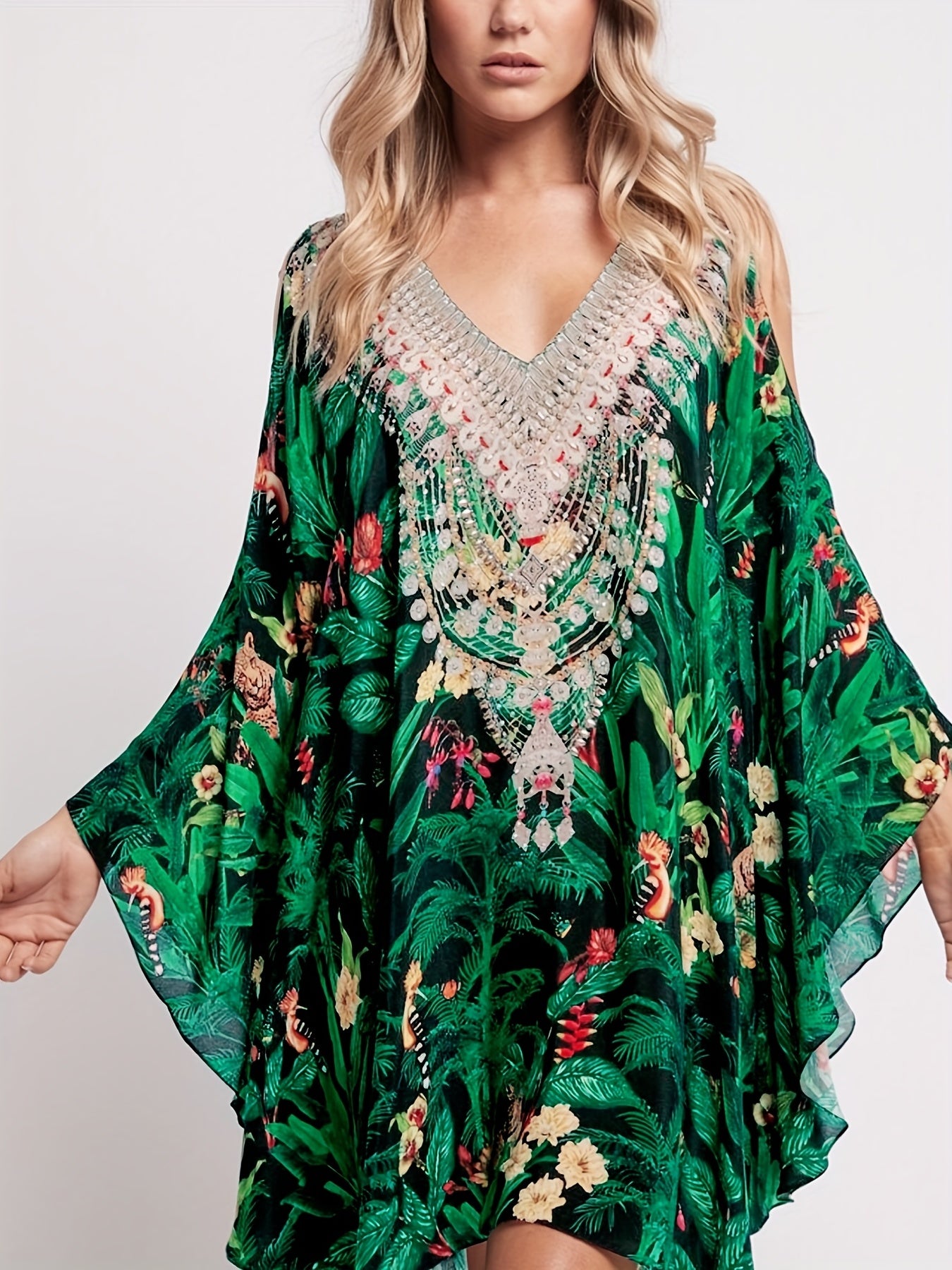 Tropical Leaf Print Cold Shoulder Cover Up Kaftan Batwing Sleeve Beach Kimono