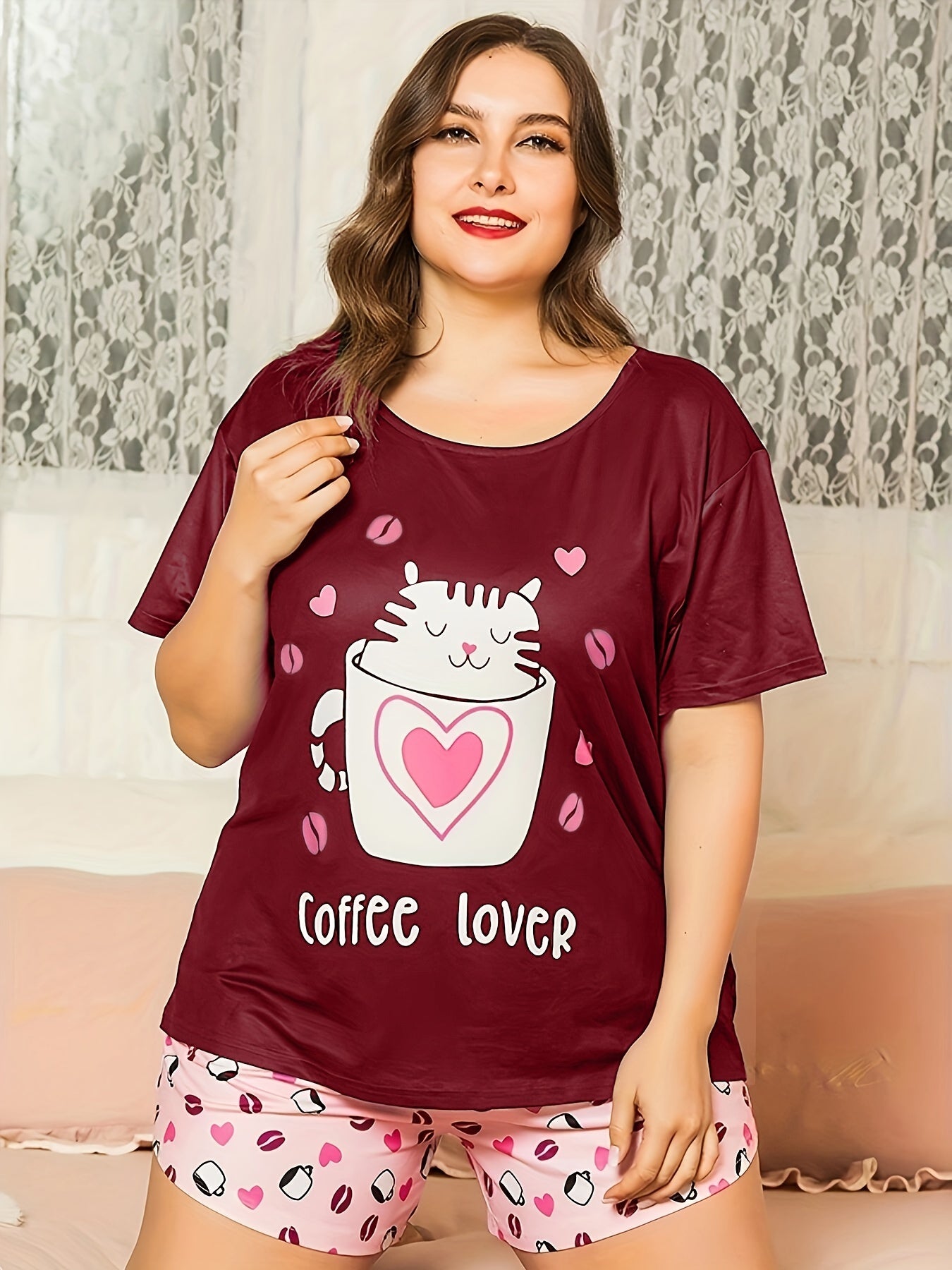 Heart & Cat Print Pajama Set Short Sleeve T shirt & Shorts