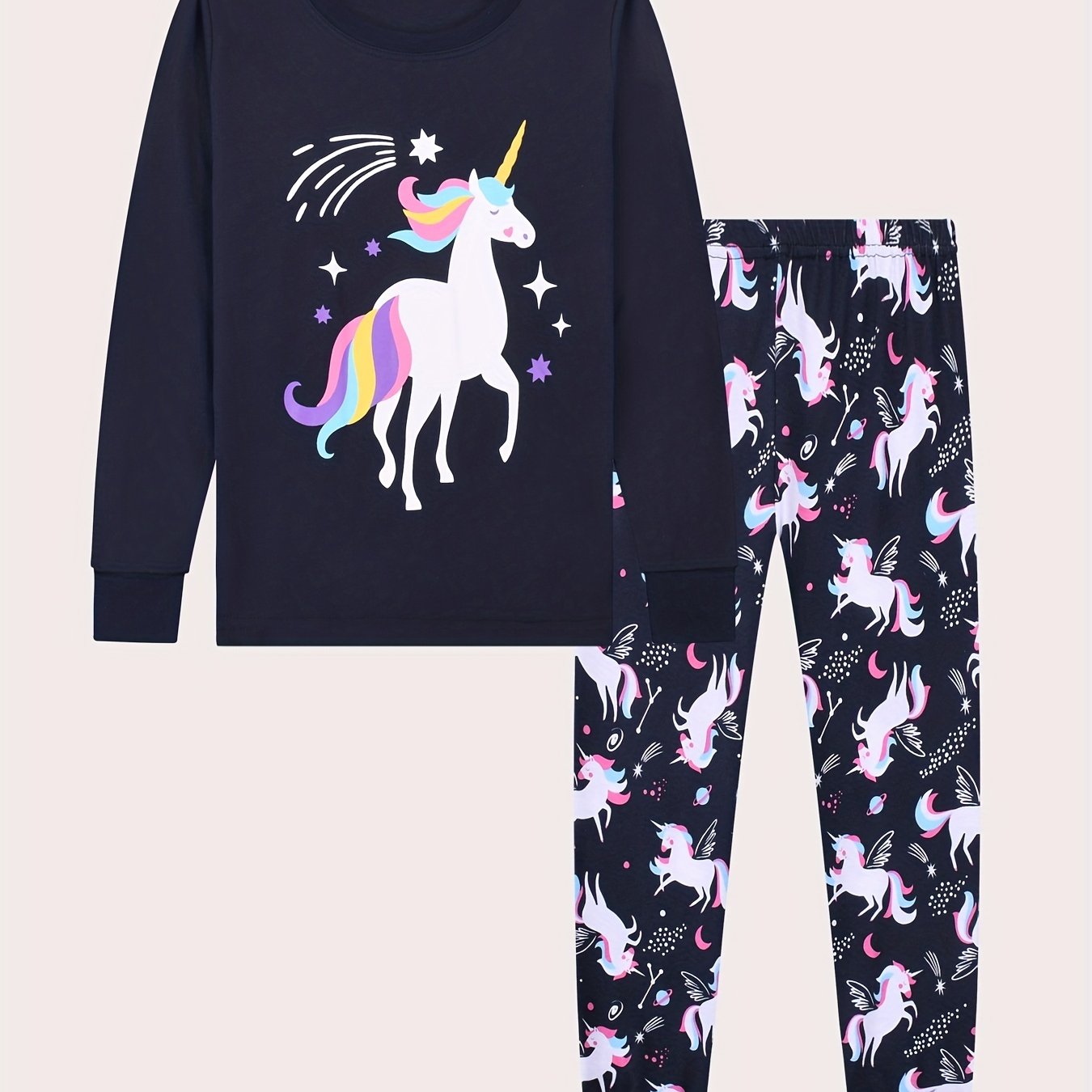 Kids Unicorn Print Pajama Set Long Sleeve Top & Pants Comfy PJ Girl's