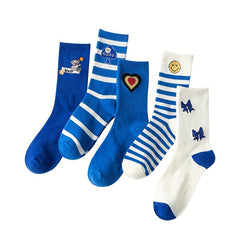5 Pairs Heart & Striped Print Socks Mid Tube Socks Women's Stockings