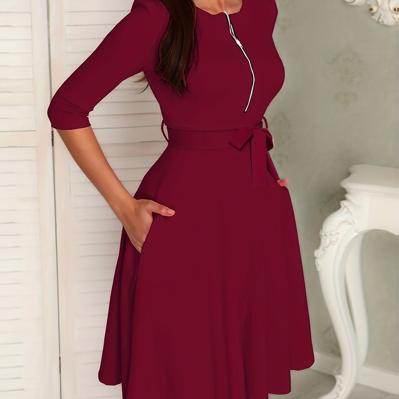 Solid V-Neck Half Zipper Dress With Pockets