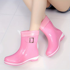Women's Buckle Strap Short Rain Boots Waterproof Jelly Outdoor Shoes