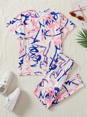 Girls Sports Suit Random Print Round Neck Short Sleeve Top And Pants Set