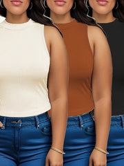 3 Pcs Plus Size Tank Top Set Women's Plus Solid Crew Neck