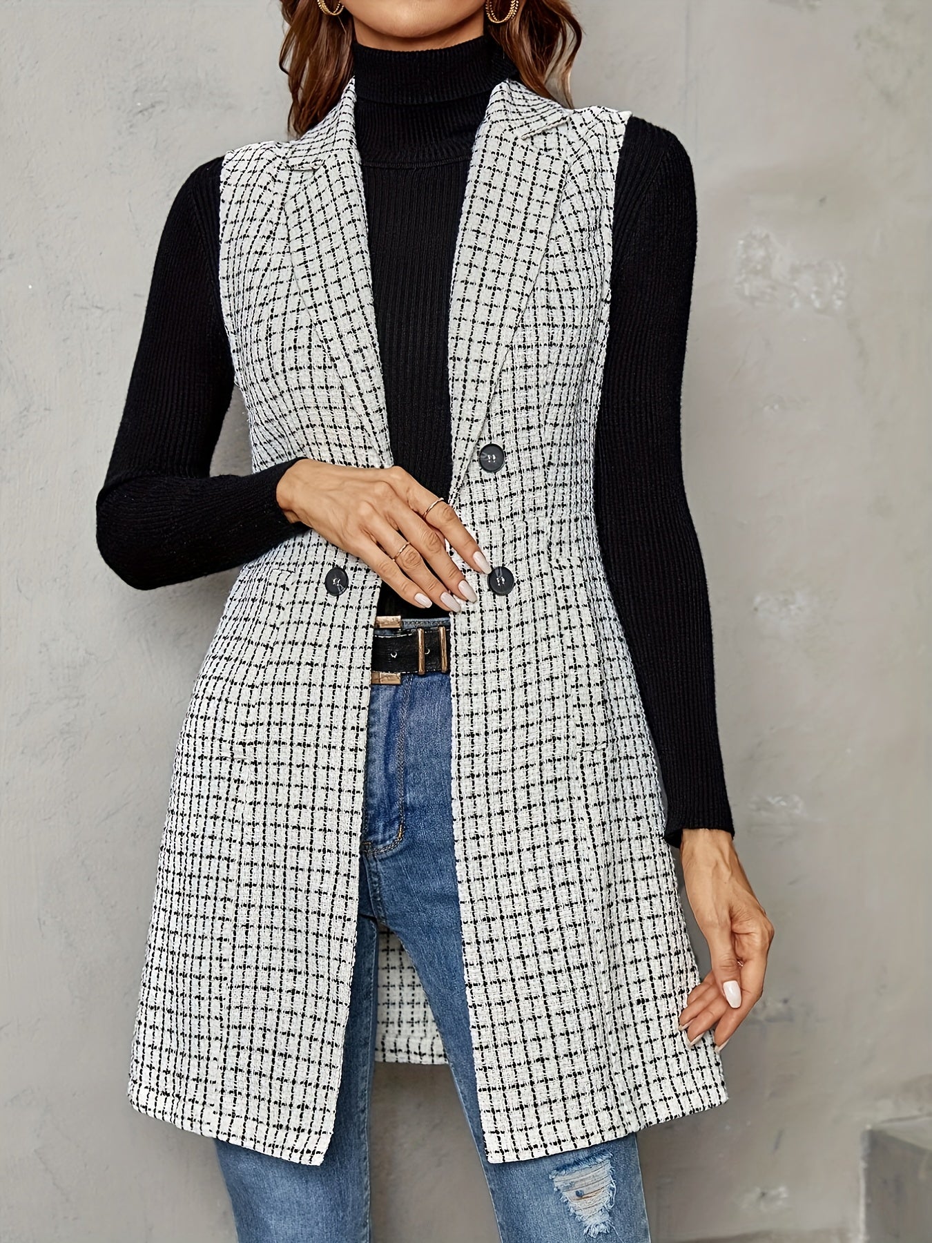 Plaid Double Breasted Lapel Vest Sleeveless Slim Vest