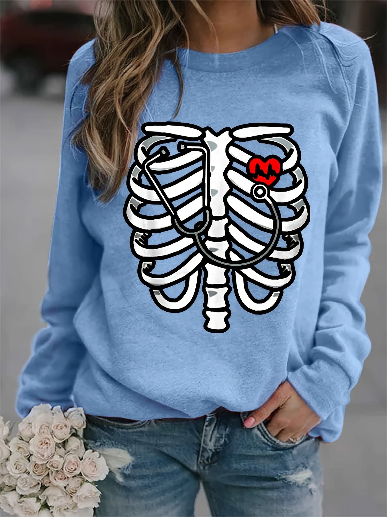 Skeleton Print Sweatshirt Crew Neck Casual Long Sleeve Sweatshirt