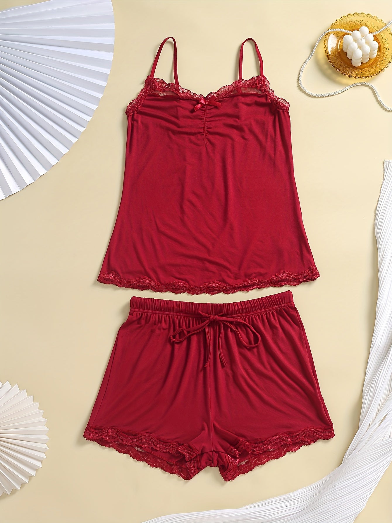 Lace Trim Pajama Set Cami Top & Shorts 2 Piece