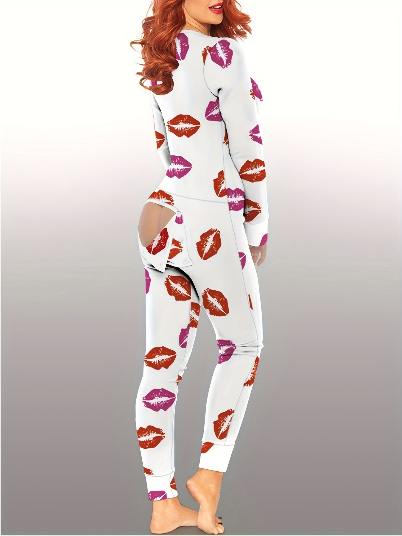 Print Buttons Jumpsuit Deep V Pajamas Women's Sleepwear