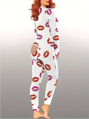 Print Buttons Jumpsuit Deep V Pajamas Women's Sleepwear