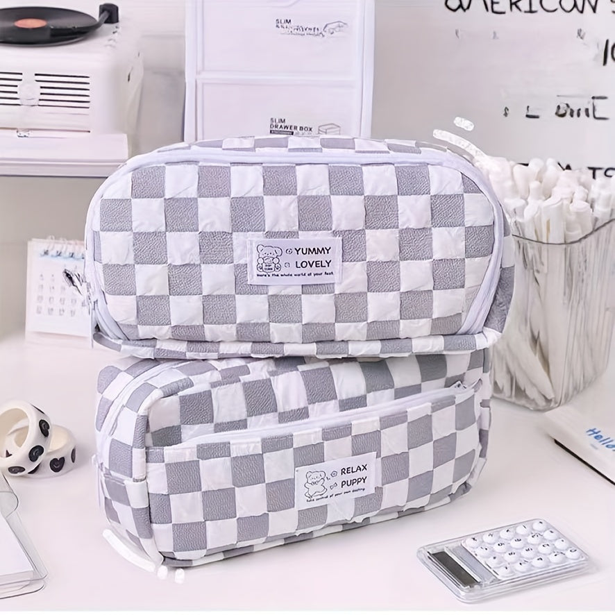 Large Gray Grid Pencil Case for School Supplies