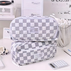 Large Gray Grid Pencil Case for School Supplies