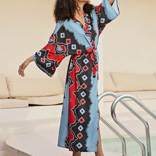 Geometric Print Colorblock Plus Size Cover Up with Belt