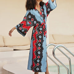 Geometric Print Colorblock Plus Size Cover Up with Belt