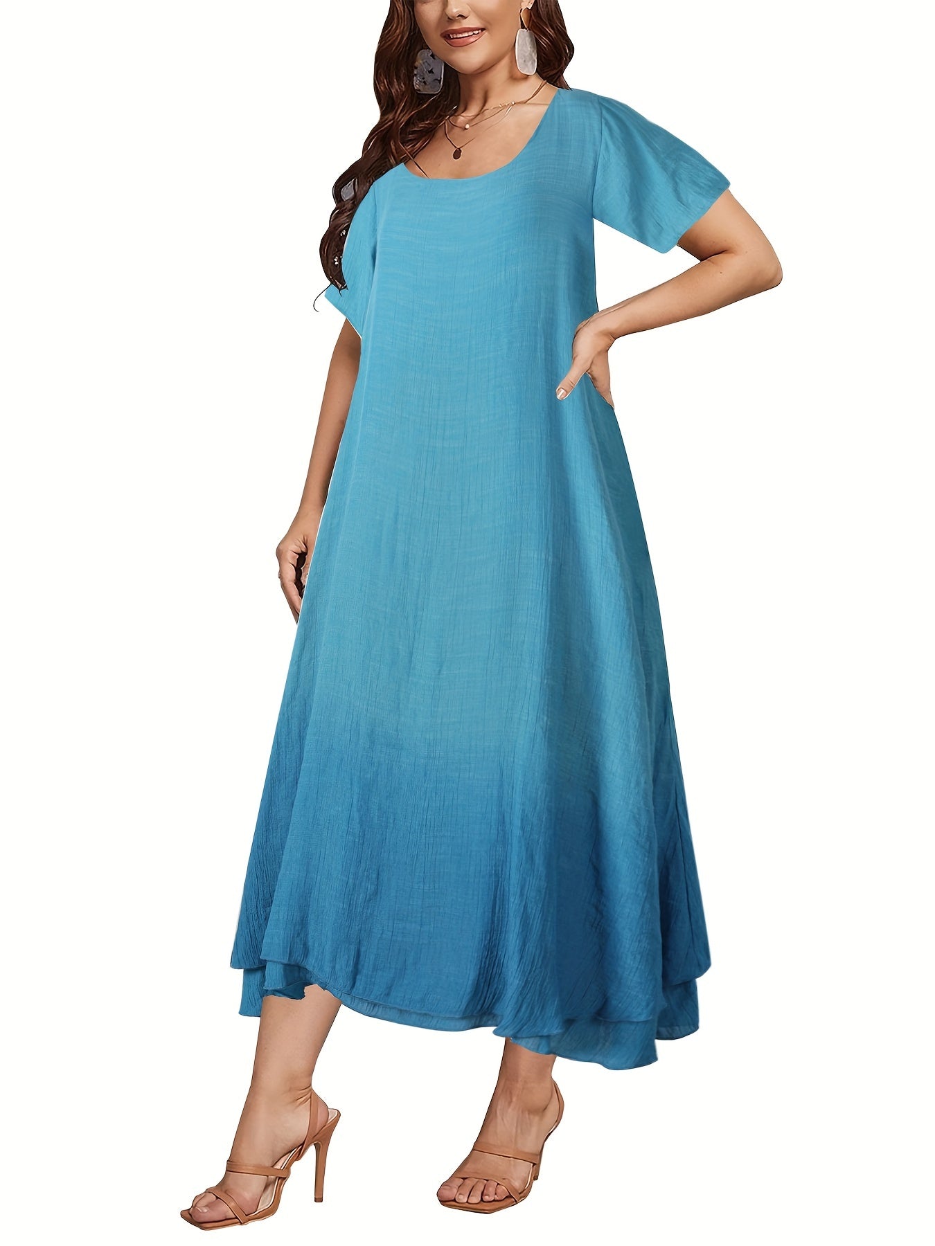 Ombre Print Maxi Dress Women's Boho Short Sleeve Layered