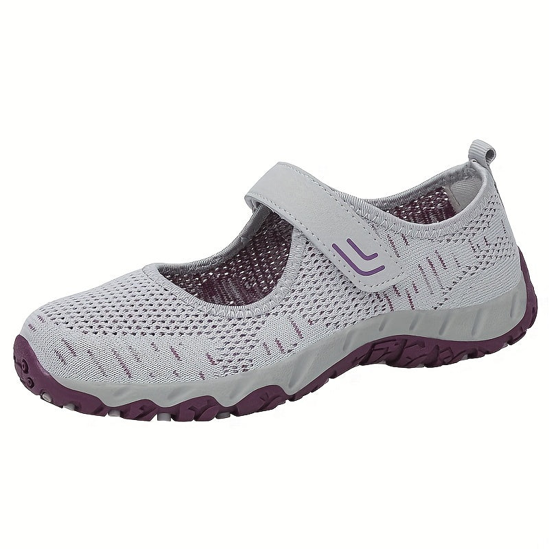 Women's Breathable Knit Sneakers Casual Hook & Loop Strap Shoes Grey & Purple