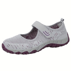 Women's Breathable Knit Sneakers Casual Hook & Loop Strap Shoes Grey & Purple