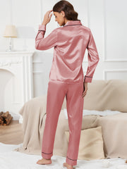 Satin Pajama Set Long Sleeve Top & Elastic Waistband Pants