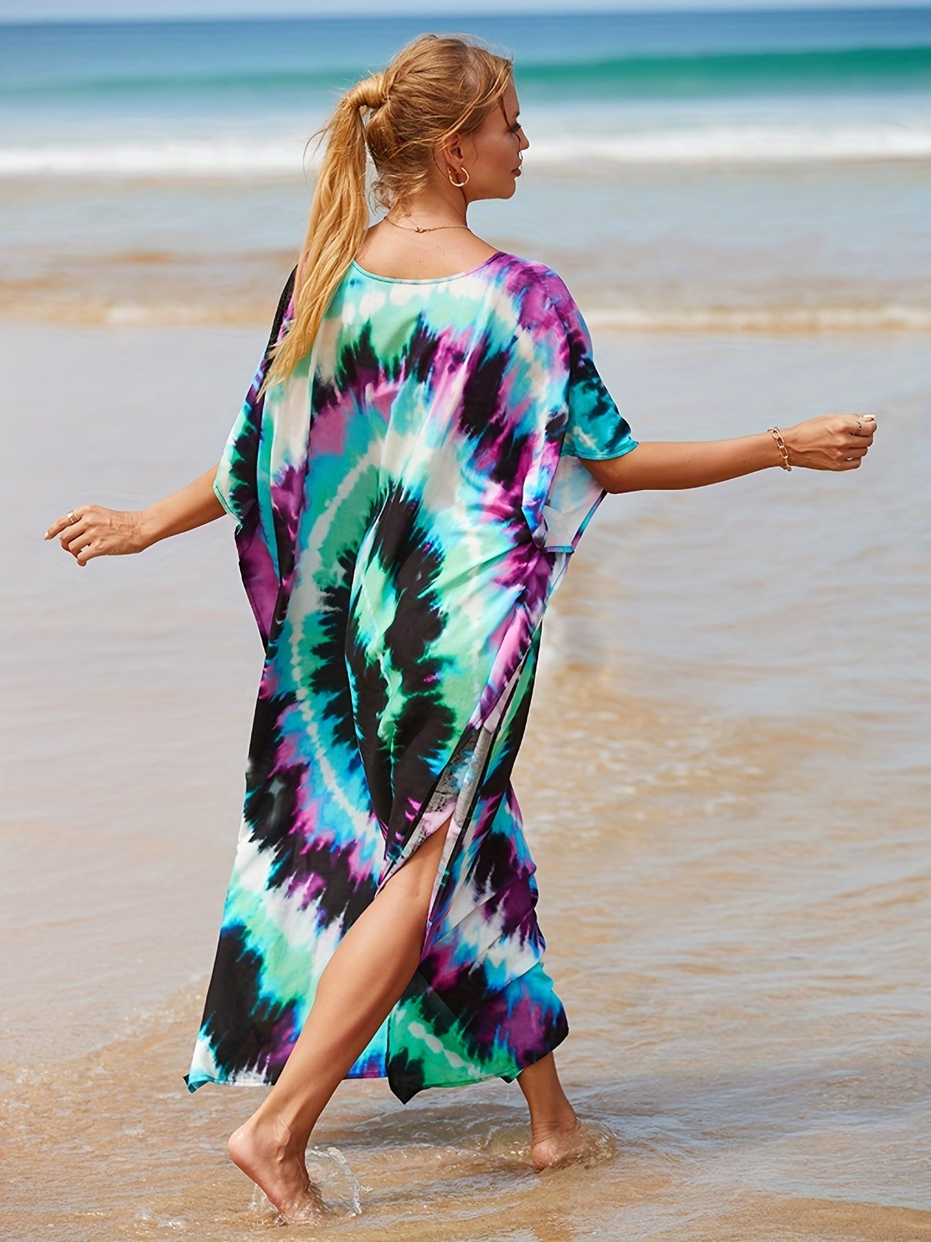 Tie Dye Bat Sleeve V Neck Cover Up Dress