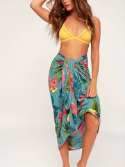 Teal Green Floral Pattern Beachwear Sarong Swim Cover Up Skirt