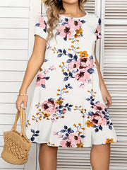 Floral Print Short Sleeve Round Neck Dress With Pockets