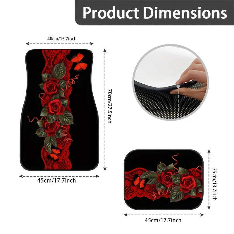 4pcs Rose Flowers Car Seat Cover Set, Front and Rear Seat Mat