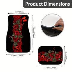 4pcs Rose Flowers Car Seat Cover Set, Front and Rear Seat Mat