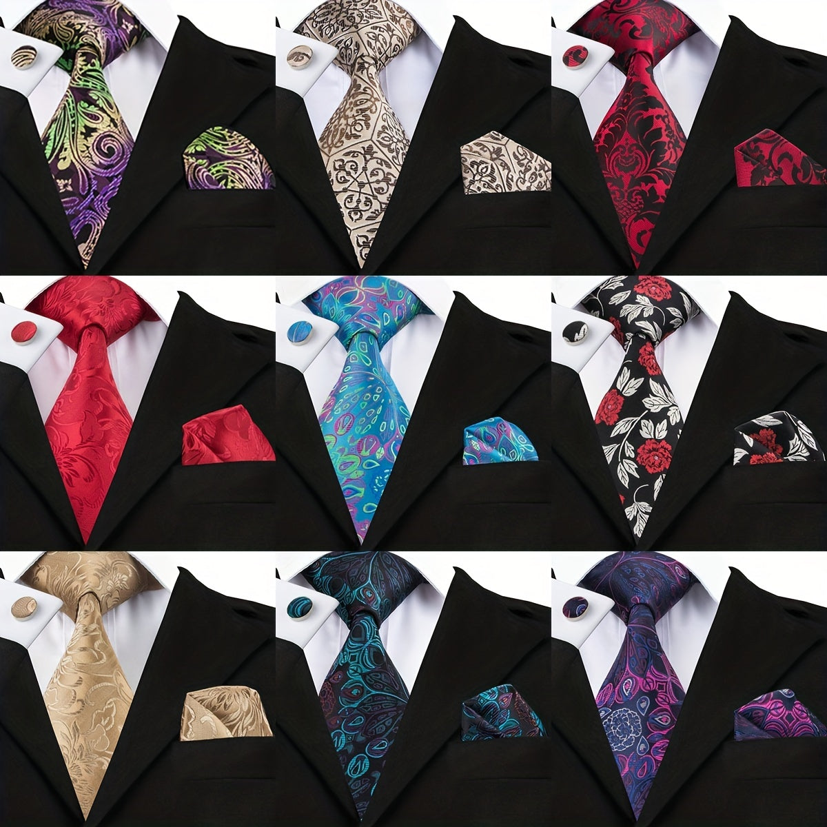 Men's Tie Floral Necktie Handkerchief Clip Set