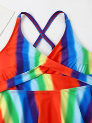 Rainbow Strip Layered Top & Panties Swimsuit Set