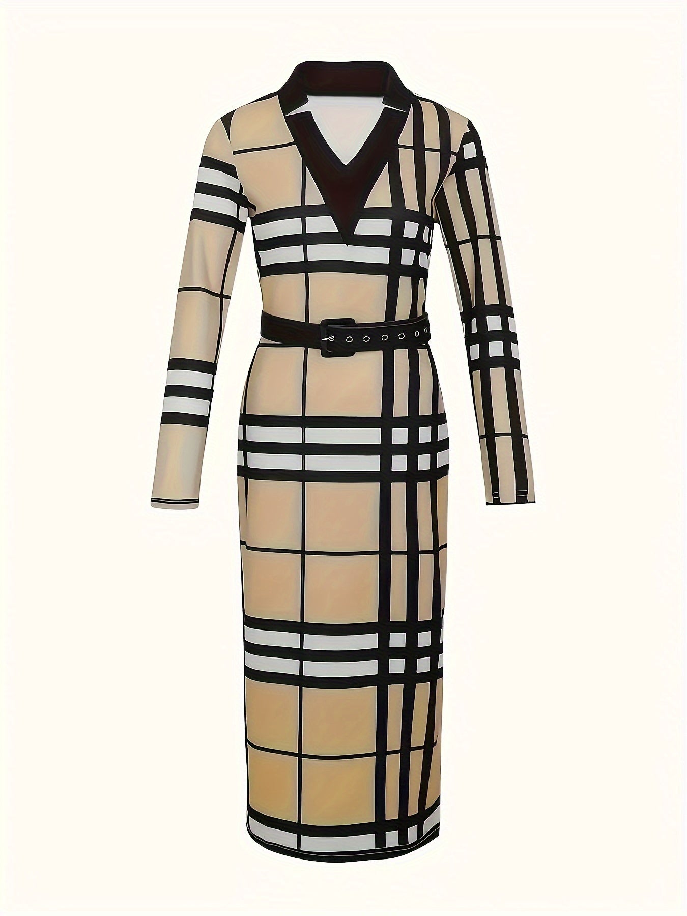 Women's Plus Plaid Print Long Sleeve V Neck Bodycon Midi Dress