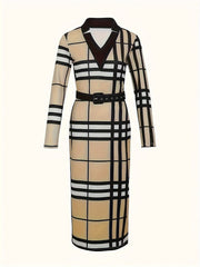Women's Plus Plaid Print Long Sleeve V Neck Bodycon Midi Dress