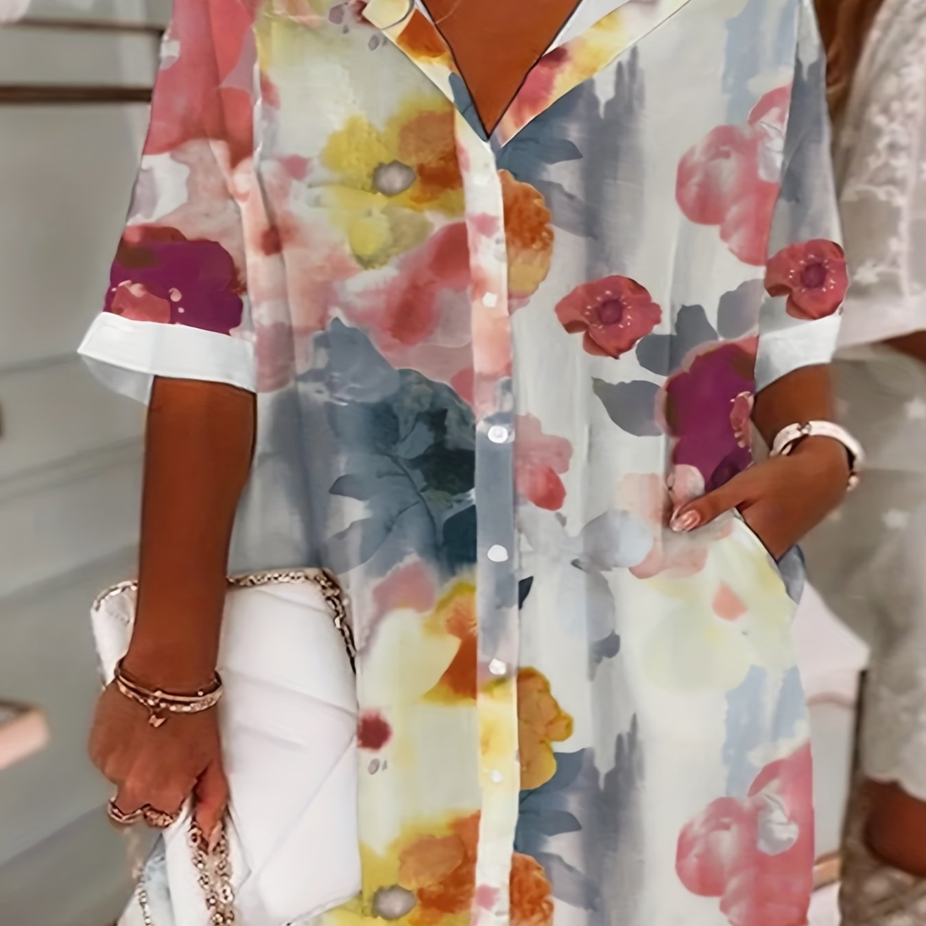 Women's Floral Half Sleeve Polo Neck Blouse