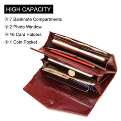 Women's Vintage Envelope Wallet Top Grain Leather Snap Closure Zip Pocket