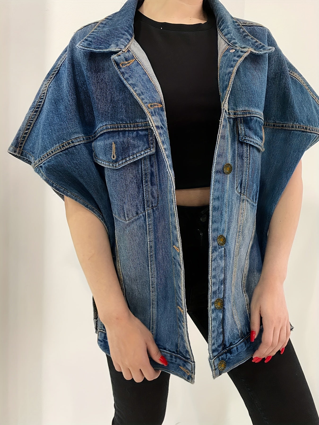 Loose Fit Denim Jackets Single Breasted Button Flap Pockets Lapel Denim Coats